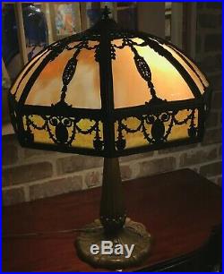 Early 20th c 16-Panel Slag Glass Table Lamp, Possibly Empire Lamp Company