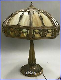 Early 20th c 16-Panel Slag Glass Table Lamp, Possibly Empire Lamp Company