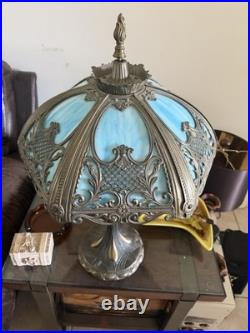 Early 20thc Leaded Slag Glass Lamp Blue Glass 25 Inch