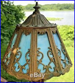 Early Arts Crafts Nouveau Slag 8 Panel BLUE Slag Glass Electric Lamp RARE 17