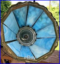 Early Arts Crafts Nouveau Slag 8 Panel BLUE Slag Glass Electric Lamp RARE 17