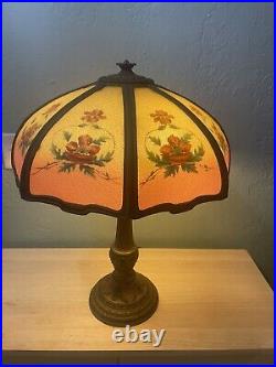 Early Edward Miller Slag Glass Reverse Painted Table Lamp- 8 panels