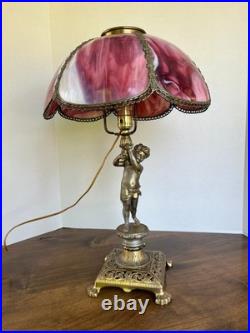 Edward Miller & Co. Antique Figural Cherub Pink Slag Glass Lamp