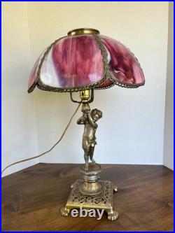 Edward Miller & Co. Antique Figural Cherub Pink Slag Glass Lamp