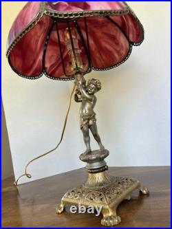 Edward Miller & Co. Antique Figural Cherub Pink Slag Glass Lamp