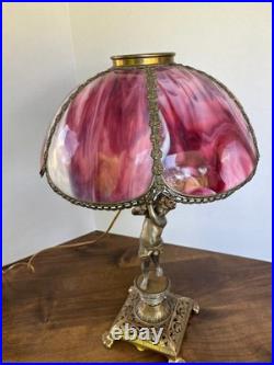 Edward Miller & Co. Antique Figural Cherub Pink Slag Glass Lamp