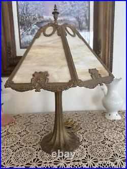 Edward Miller & Co. Table Lamp 1920's Beige Amber Filigree Slag Six Panels