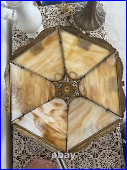 Edward Miller & Co. Table Lamp 1920's Beige Amber Filigree Slag Six Panels