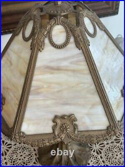 Edward Miller & Co. Table Lamp 1920's Beige Amber Filigree Slag Six Panels