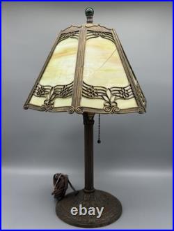 Edward Miller Slag Glass Table Lamp Art Nouveau Brass Filigree Green Finial