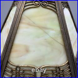 Edward Miller Slag Glass Table Lamp Art Nouveau Brass Filigree Green Finial