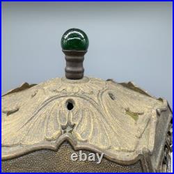 Edward Miller Slag Glass Table Lamp Art Nouveau Brass Filigree Green Finial