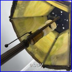 Edward Miller Slag Glass Table Lamp Art Nouveau Brass Filigree Green Finial