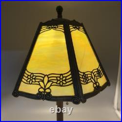 Edward Miller Slag Glass Table Lamp Art Nouveau Brass Filigree Green Finial