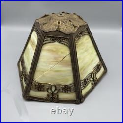 Edward Miller Slag Glass Table Lamp Art Nouveau Brass Filigree Green Finial