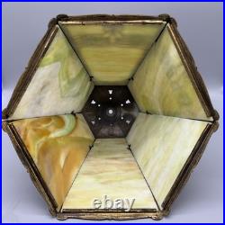 Edward Miller Slag Glass Table Lamp Art Nouveau Brass Filigree Green Finial