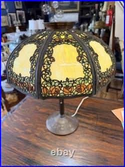 Estate Original Antique Handel Rose Overlay Stained Slag Glass Table Lamp # 559