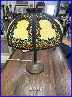 Estate Original Antique Handel Rose Overlay Stained Slag Glass Table Lamp # 559