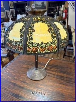 Estate Original Antique Handel Rose Overlay Stained Slag Glass Table Lamp # 559