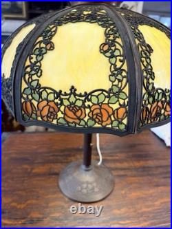Estate Original Antique Handel Rose Overlay Stained Slag Glass Table Lamp # 559