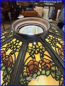 Estate Original Antique Handel Rose Overlay Stained Slag Glass Table Lamp # 559