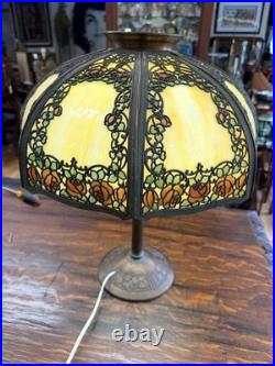 Estate Original Antique Handel Rose Overlay Stained Slag Glass Table Lamp # 559