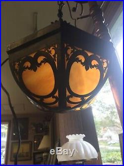 Exceptional Antique 12 Panel Carmel Slag Glass Hanging Light Lamp Chandelier