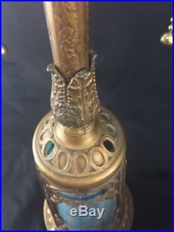 Exquisite Antique HJ Peters / Miller Blue Slag Glass Scenic Filigree Lamp