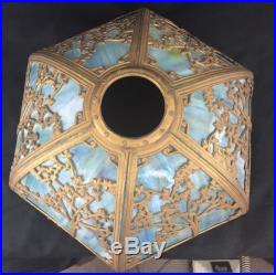 Exquisite Antique HJ Peters / Miller Blue Slag Glass Scenic Filigree Lamp