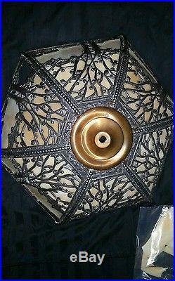 Extremely Rare Antique 12 panel early 1900s Slag glass scenic copper lamp shade