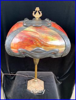 Extremely Rare Signed Pittsburgh Art Nouveau Red Bent Slag Glass Lamp Circa 1910