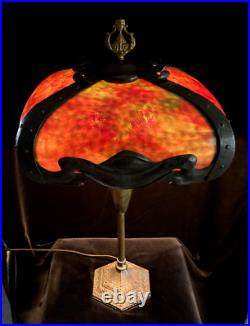 Extremely Rare Signed Pittsburgh Art Nouveau Red Bent Slag Glass Lamp Circa 1910