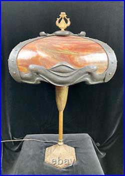 Extremely Rare Signed Pittsburgh Art Nouveau Red Bent Slag Glass Lamp Circa 1910