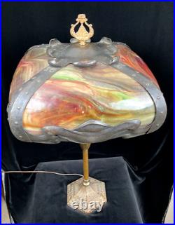 Extremely Rare Signed Pittsburgh Art Nouveau Red Bent Slag Glass Lamp Circa 1910