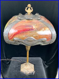 Extremely Rare Signed Pittsburgh Art Nouveau Red Bent Slag Glass Lamp Circa 1910