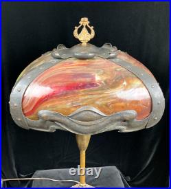 Extremely Rare Signed Pittsburgh Art Nouveau Red Bent Slag Glass Lamp Circa 1910