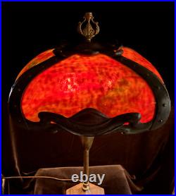 Extremely Rare Signed Pittsburgh Art Nouveau Red Bent Slag Glass Lamp Circa 1910