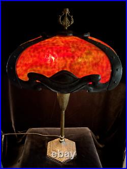 Extremely Rare Signed Pittsburgh Art Nouveau Red Bent Slag Glass Lamp Circa 1910