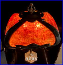 Extremely Rare Signed Pittsburgh Art Nouveau Red Bent Slag Glass Lamp Circa 1910