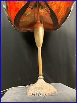 Extremely Rare Signed Pittsburgh Art Nouveau Red Bent Slag Glass Lamp Circa 1910