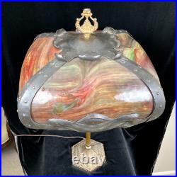 Extremely Rare Signed Pittsburgh Art Nouveau Red Bent Slag Glass Lamp Circa 1910