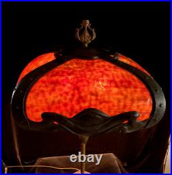 Extremely Rare Signed Pittsburgh Art Nouveau Red Bent Slag Glass Lamp Circa 1910