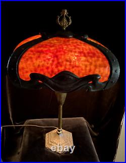 Extremely Rare Signed Pittsburgh Art Nouveau Red Bent Slag Glass Lamp Circa 1910