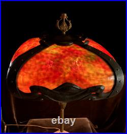 Extremely Rare Signed Pittsburgh Art Nouveau Red Bent Slag Glass Lamp Circa 1910