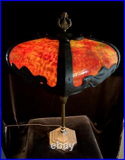 Extremely Rare Signed Pittsburgh Art Nouveau Red Bent Slag Glass Lamp Circa 1910