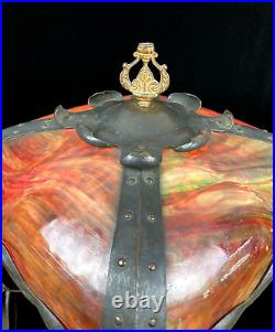 Extremely Rare Signed Pittsburgh Art Nouveau Red Bent Slag Glass Lamp Circa 1910