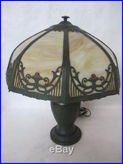 Fantastic C. 1900 Arts And Crafts Slag Glass Lamp With Original Green Patina
