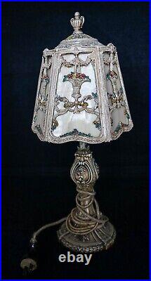 Fabulous Antique Art Deco Cast Iron Slag Glass Desk Boudoir Lamp Original Cond