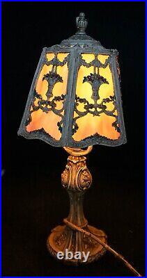 Fabulous Antique Art Deco Cast Iron Slag Glass Desk Boudoir Lamp Original Cond