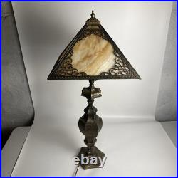 Fabulous Antique Slag Glass Table Lamp Bronze Ornamental Square Orange
